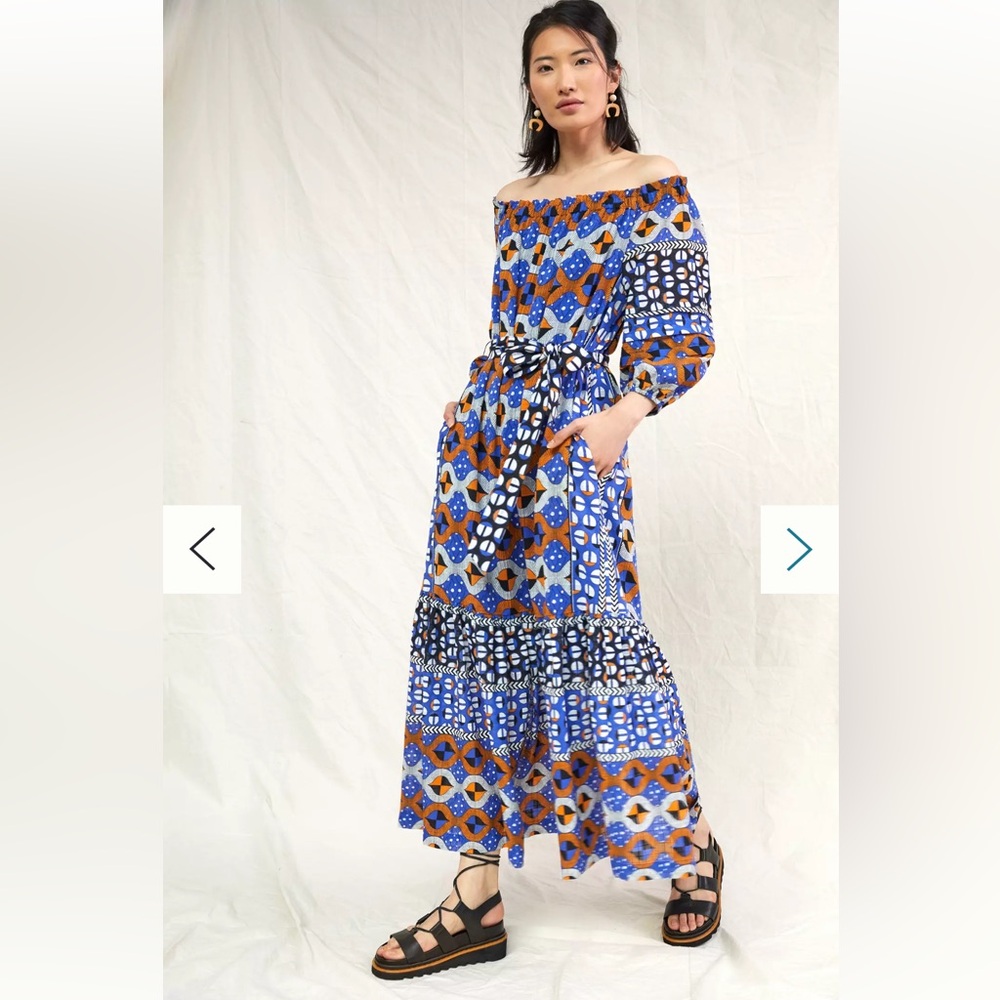 Anthropologie Abstract Flounced Off-The-Shoulder Patterned Maxi Dress